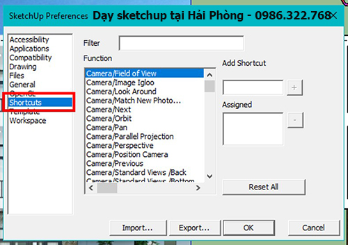 Nút shotcuts trong sketchup
